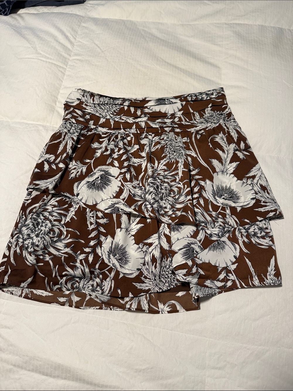 Express Brown Floral Tiered Skirt with White Print